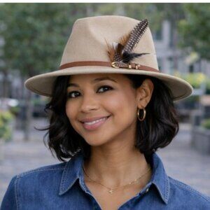 Tan Beige Women's Felt Fedora Western Cowboy Hat Brown Belt Tall  Feather Accent